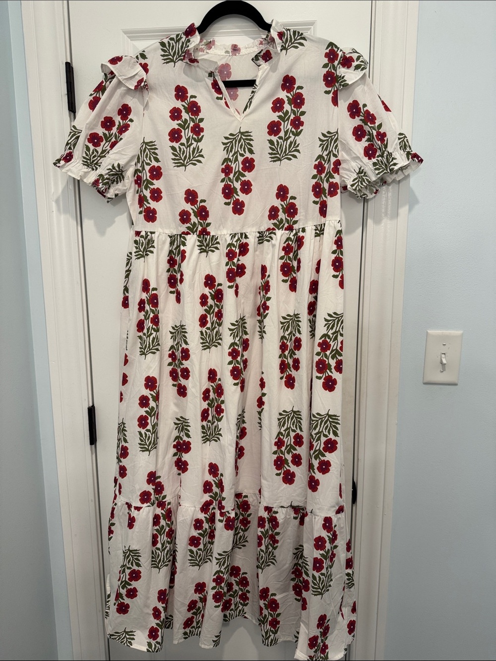 Women’s White Floral Tiered Dress with Red Flower Print